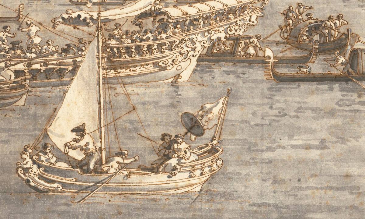 Canaletto:  [1765-66] - Ascension Day Festival at Venice - Drawing - Pen and brown ink with gray wash over traces of graphite, tip of the brush with black wash, heightened with a few touches of white gouache (laid on thick eighteenth-century paper) - National Gallery of Art, Washington, DC - Detail