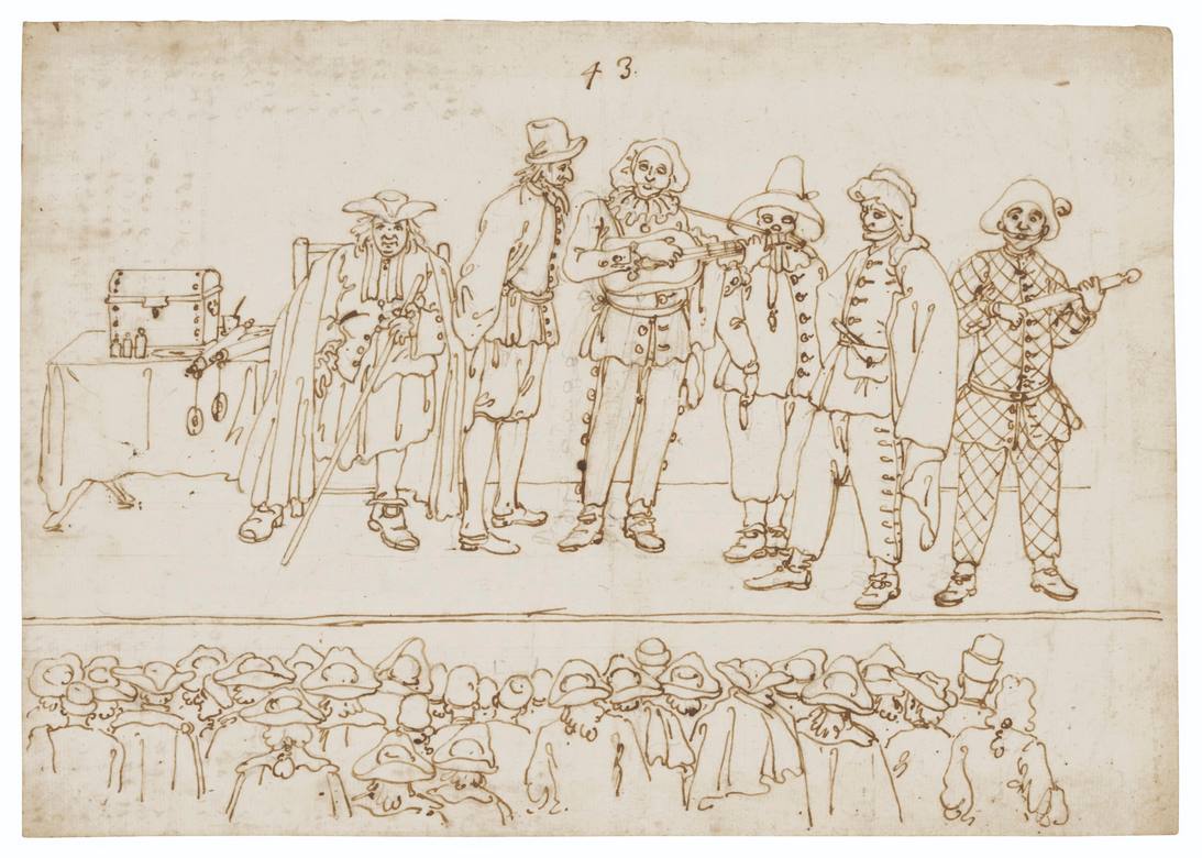 Canaletto: Five characters from the Commedia dell'Arte on stage, watched from below by a standing audience - Drawing - Pen and brown ink over black chalk