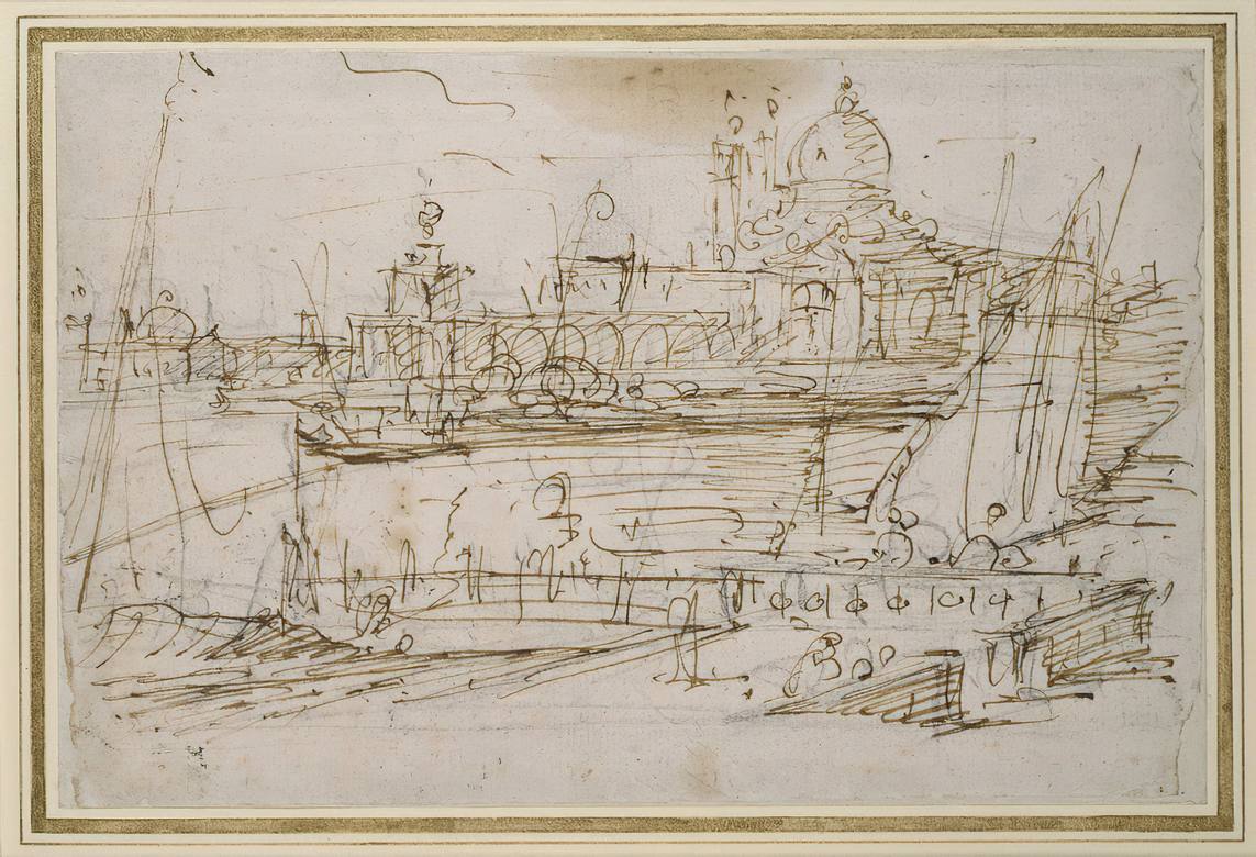 Canaletto: The Dogana and S. Maria della Salute from the Molo di Terranova - Drawing - Pen and brown ink with red and black chalk on paper - Ashmolean Museum, Oxford