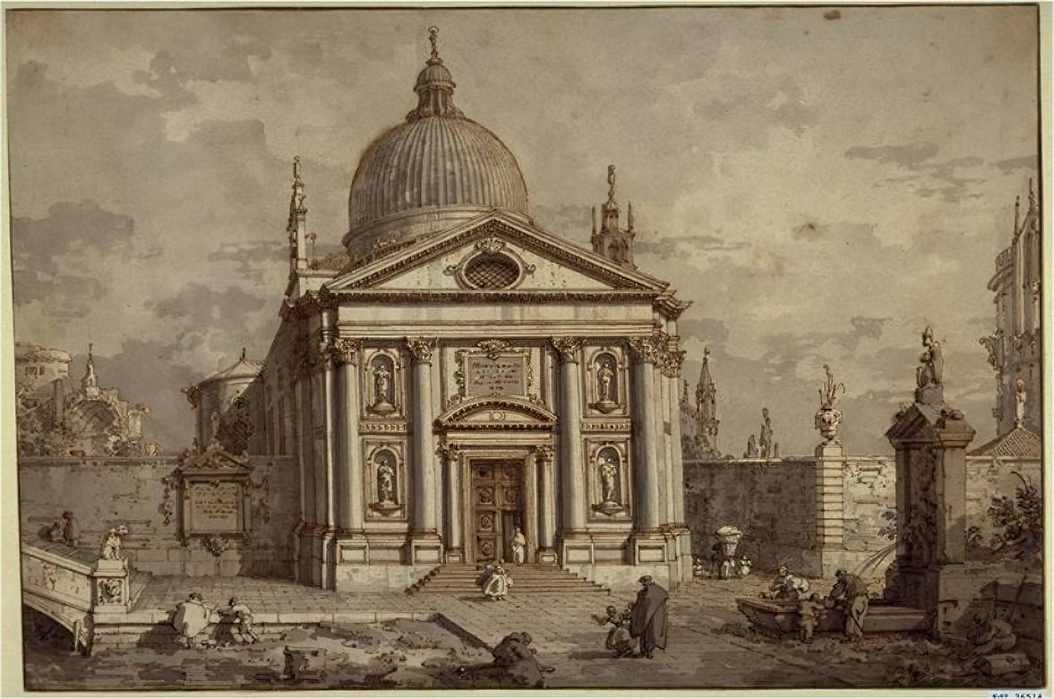 Canaletto: Fantasy vedute with the church of the Gesuati - Drawing - Brown pen and gray brush, over traces of gray pencil - Staatliche Museen zu Berlin