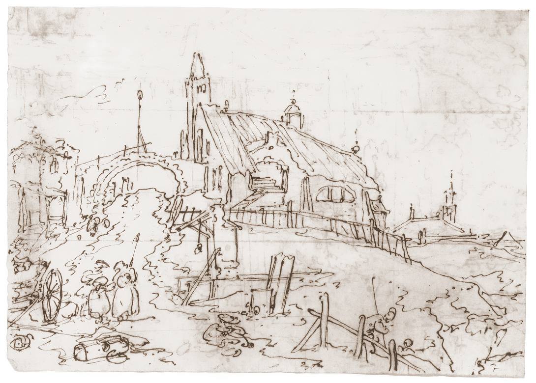 Canaletto: Country Church on a knoll - Sketch - Brown ink over faint chalk lines - Schlossmuseum, Weimar