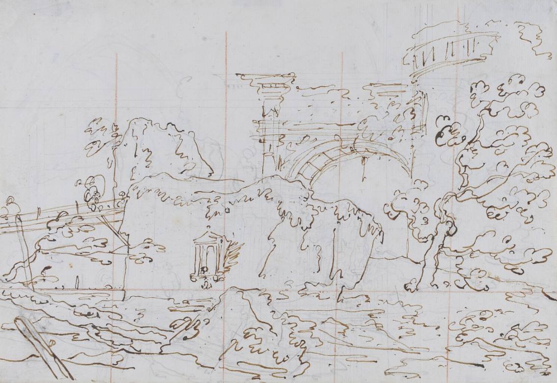 Canaletto: Landscape Capriccio - Sketch - Pen and bistre - Moravská Galerie, Brno