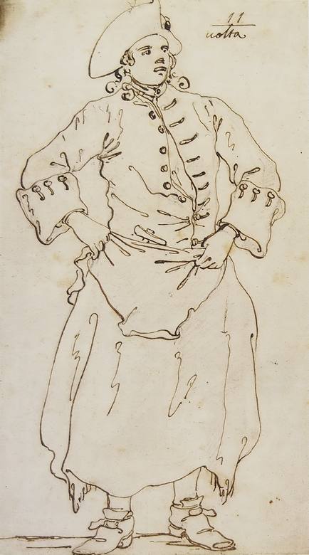Canaletto: Figure studies - Frontal view of a worker with sort of an apron - Sketch - Pen on white paper and bistre - Private Collection - Sir Robert Witt