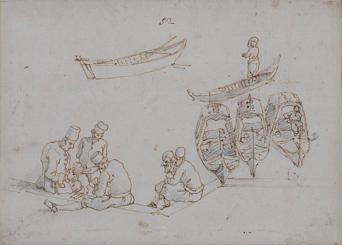 Canaletto: Uomini che giocano a carte e studio di barche - Drawing - Charcoal, pen and ink on watermark paper with a volatile