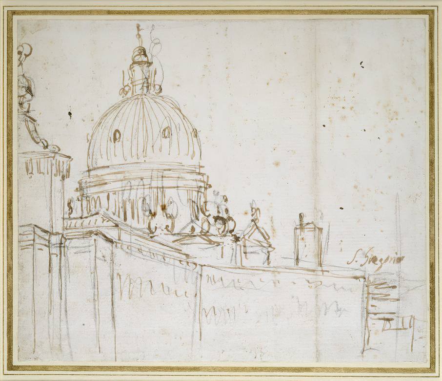 Canaletto: Venice - The Dogana di Mare and S Maria della Salute - Drawing - Pen and brown ink over black chalk - Ashmolean Museum, University of Oxford
