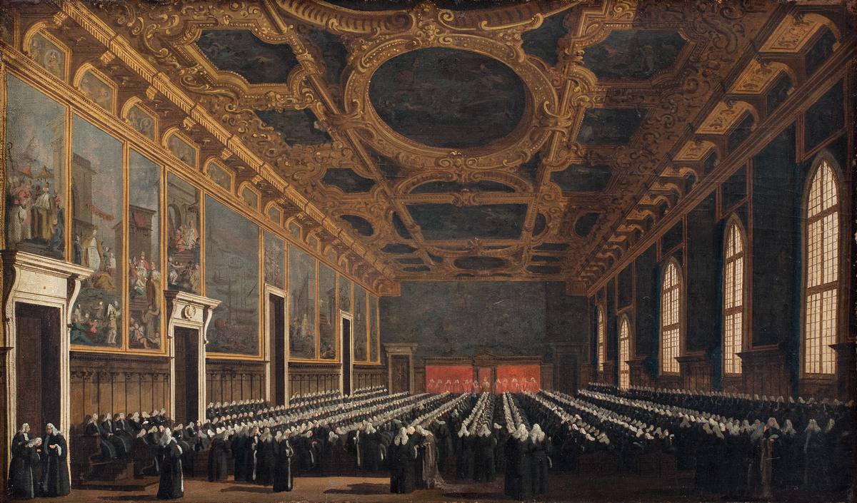 Canaletto:  [ca. 1763] - The Doge and Grand Council in Sala del Maggiore Consiglio - Oil on canvas - Statens Museum for Kunst, Copenhagen