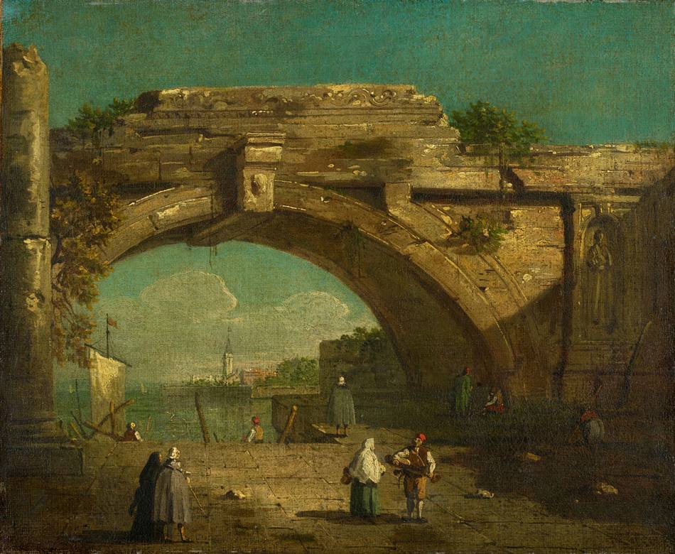 Canaletto: Capriccio with arch of ruins and mooring - Oil on canvas