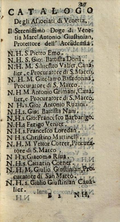 Vincenzo Maria Coronelli:  [1687] - Catalogo degli associati dell'Accademia degli Argonauti - page 27 - Venetian Associates