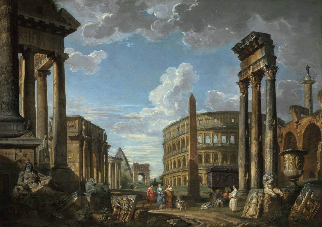 Giovanni Paolo Panini: An architectural capriccio with figures among Roman ruins - Oil on canvas - Private Collection