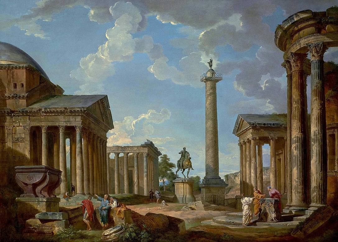 Giovanni Paolo Panini: A capriccio of Roman ruins with the Pantheon - Oil on canvas - Private Collection