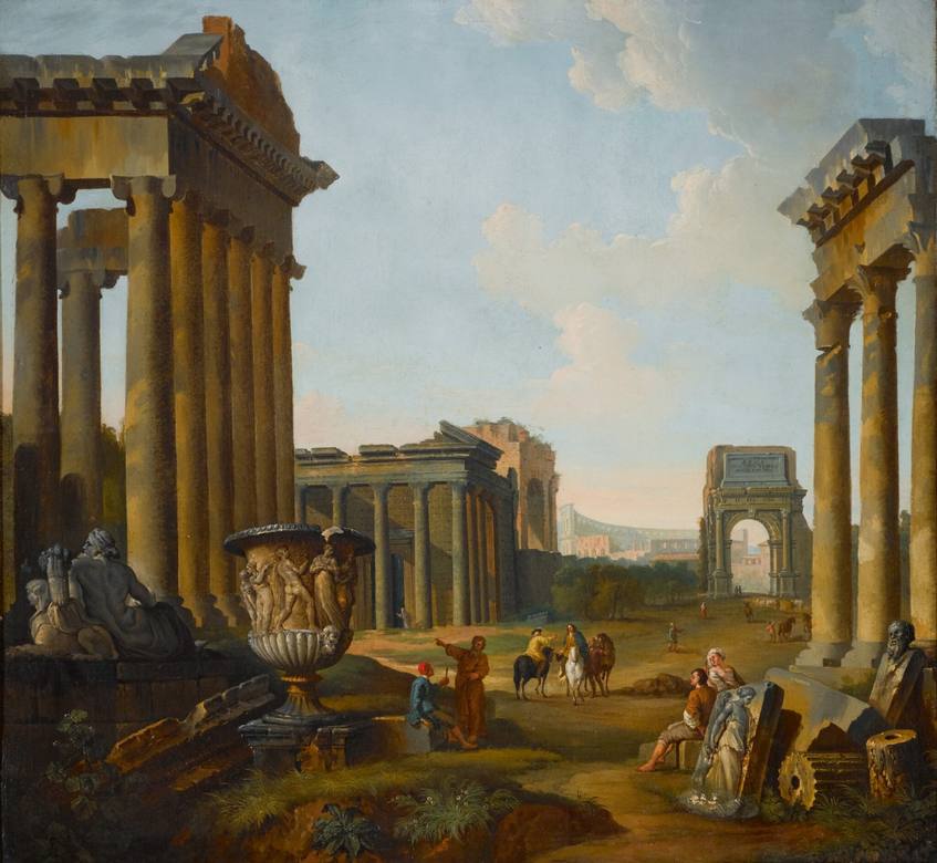 Giovanni Paolo Panini: A capriccio of Roman ruins with elements from the Forum, including the Temples of Antoninus Faustina, Castor Pollux, Arch of Titus and Temple of Saturn - Oil on canvas - Private Collection, Brescia