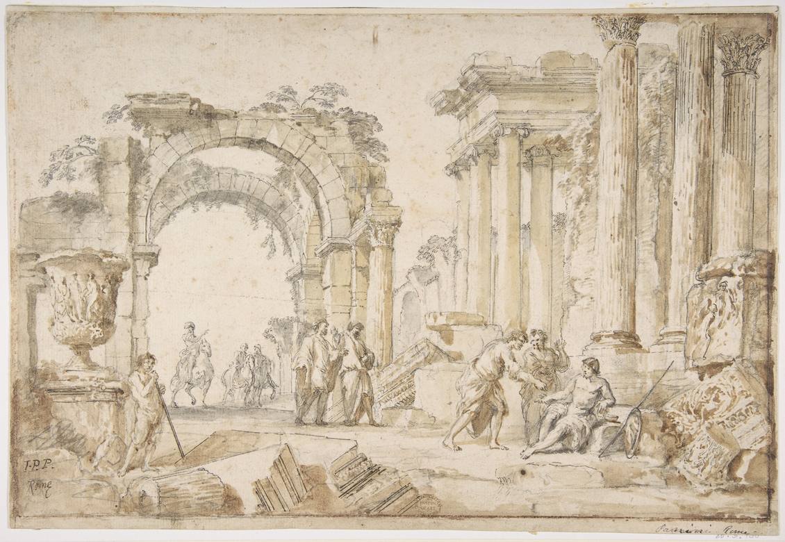 Giovanni Paolo Panini: Figures in Classical Ruins - Drawing - Pen and brown ink, brown wash, gray wash over black chalk - Metropolitan Museum of Art, New York, NY