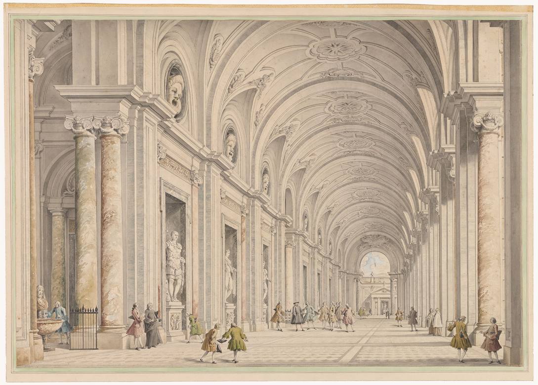 Giovanni Paolo Panini: View of the Great Vaulted Portico of the Villa Albani, Rome - Drawing - Pen and gray ink, with gray wash, over graphite, on paper - compass points. - The Morgan Library and Museum, New York, NY