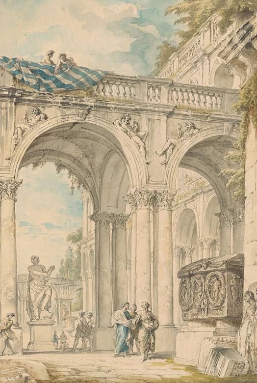 Giovanni Paolo Panini: Classical Ruins with Figures and an Early Christian Sarcophagus - Drawing - Pen and gray ink, with gray wash, and blue, green, and purple watercolor, over graphite, on paper. - The Morgan Library and Museum, New York, NY