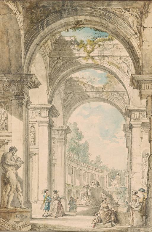 Giovanni Paolo Panini: Classical Ruins with Figures and Statues of Silenus and the River Nile - Drawing - Pen and gray ink, with gray wash, and blue, green, and brown watercolor, over graphite, on paper. - The Morgan Library and Museum, New York, NY