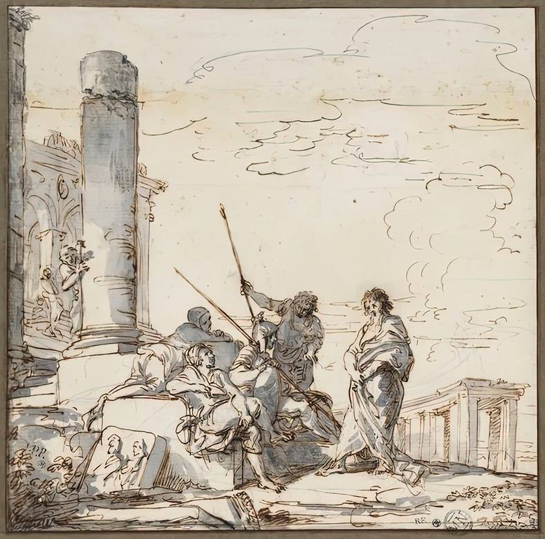 Giovanni Paolo Panini: Arcadian ruined landscape with an apostle preaching to soldiers - Drawing - Black chalk, pen and brown ink and gray wash - Musée du Louvre, Paris