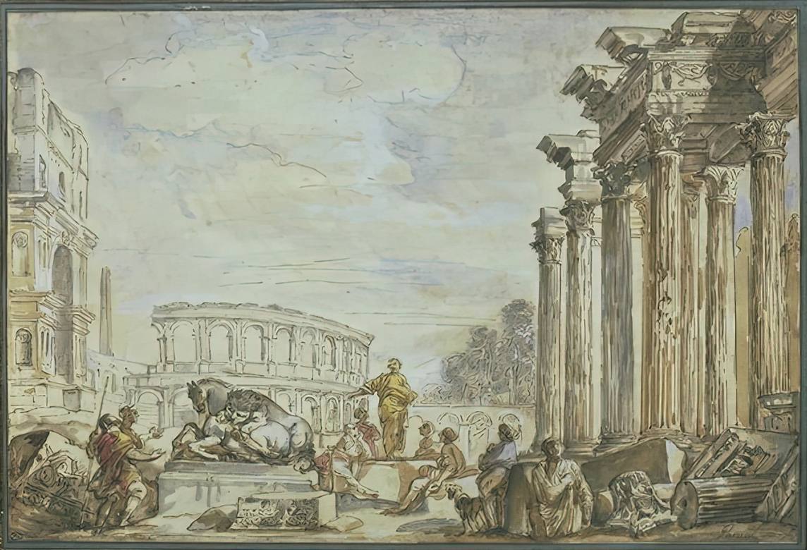 Giovanni Paolo Panini: Architectural caprice with the Colosseum and a preaching apostle - Drawing - Brown ink - brown wash - black chalk - white highlights - watercolor - pen - Musée du Louvre, Paris
