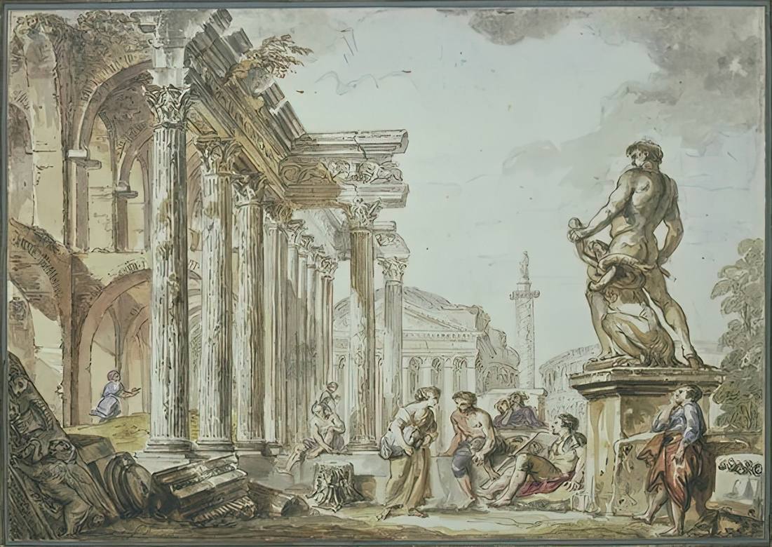 Giovanni Paolo Panini: Architectural caprice with the Pantheon, the Colosseum, Trajan's forum - Drawing - Pen and brown ink, brown wash and watercolor, on black chalk lines - Musée du Louvre, Paris