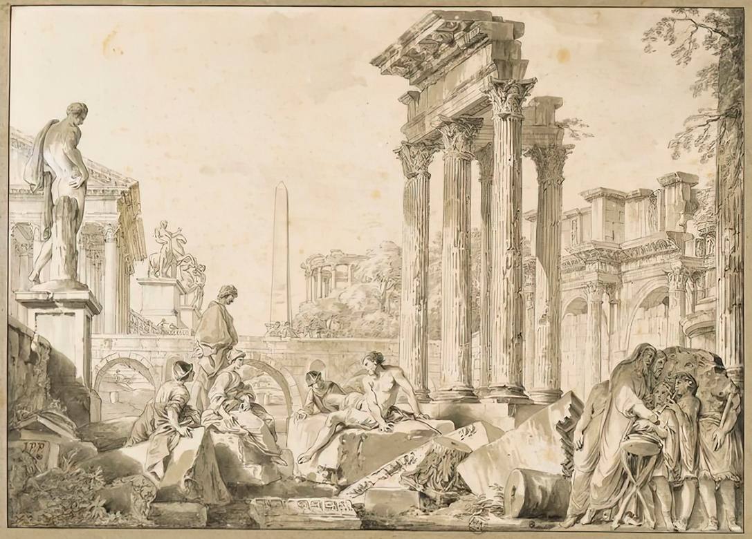 Giovanni Paolo Panini: Corinthian order ruins, the forum of Nerva, statues and figures - Drawing - Black chalk, pen and black ink and gray wash - Musée du Louvre, Paris