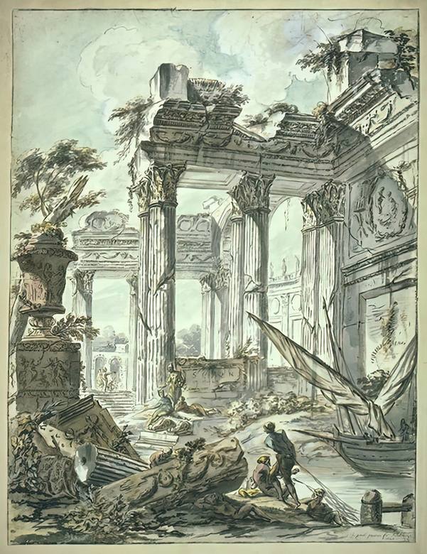 Giovanni Paolo Panini: Figures in ancient ruins - Drawing - Brown ink - brown wash - gray wash - black stone - watercolor - pen - Musée du Louvre, Paris
