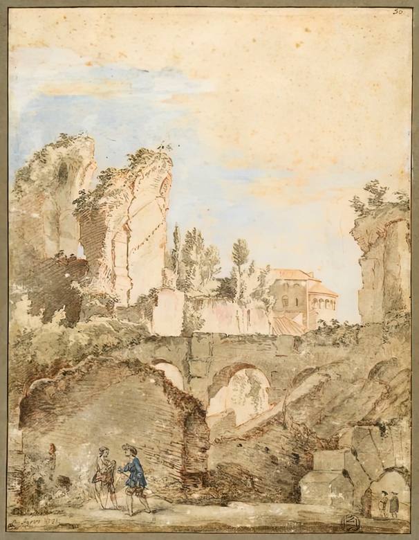 Giovanni Paolo Panini: Walkers among the ruins of the Colosseum - Drawing - Black chalk, red chalk, watercolor and gouache highlights - Musée du Louvre, Paris