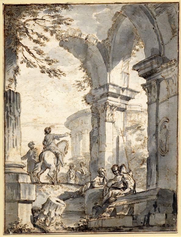 Giovanni Paolo Panini:  [1716-65] - Figures seated beneath a ruined arch - Drawing - Pen and brown ink, with grey wash - British Museum