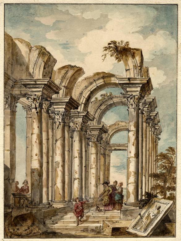 Giovanni Paolo Panini:  [1716-65] - Figures standing in a ruined colonnade - Drawing - Pen and black ink, with watercolour - British Museum