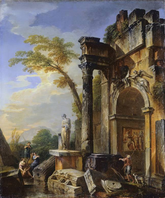 Giovanni Paolo Panini:  [1717] - Ruins of a Triumphal Arch in the Roman Campagna - Oil on canvas - Detroit Institute of Arts