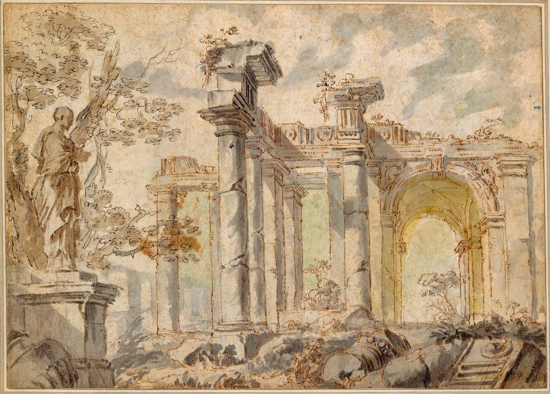 Giovanni Paolo Panini:  [ca. 1728] - Ruins, with a Statue on the Left - Drawing - Pen and brown ink, gray, brown, blue, green and yellow washes - Metropolitan Museum of Art, New York, NY