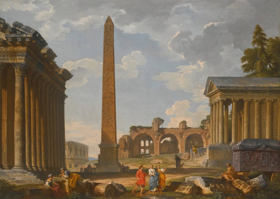 Giovanni Paolo Panini:  [1736] - A Capriccio View of Rome with Ancient Ruins and the Flaminian Obelisk - Oil on canvas