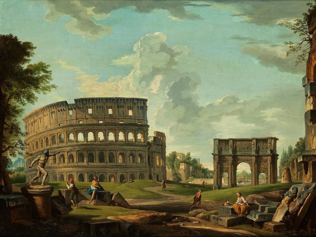 Giovanni Paolo Panini:  [1742] - Forum Romanum with Colosseum, Arch of Constantine and the Borghese Fencer - Oil on canvas