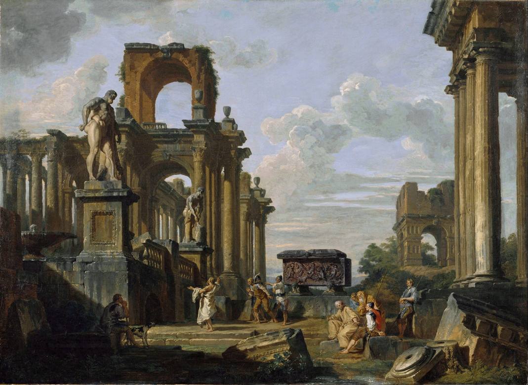 Giovanni Paolo Panini:  [ca. 1745-50] - An architectural capriccio of the roman forum with philosophers and soldiers among ancient ruins - Oil on canvas - National Museum of Western Art, Tokyo