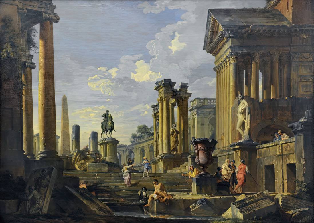Giovanni Paolo Panini:  [ca. 1745] - Ruins at the obelisk with the equestrian statue of Marcus Aurelius - Oil on canvas - Musée du Louvre, Paris