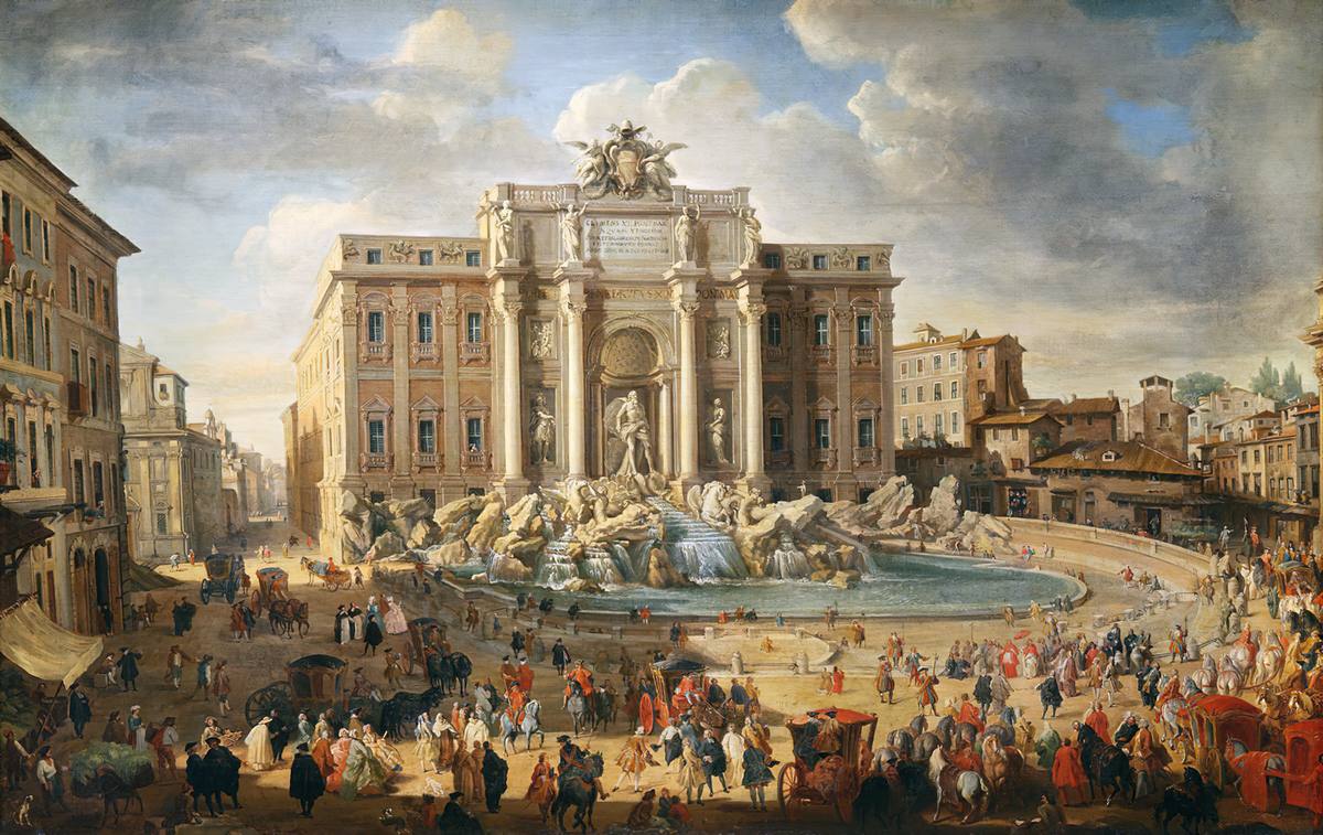 Giovanni Paolo Panini:  [ca. 1750] - Pope Benedict XIV Visiting the Trevi Fountain - Oil on canvas - Pushkin Museum of Fine Arts, Moscow