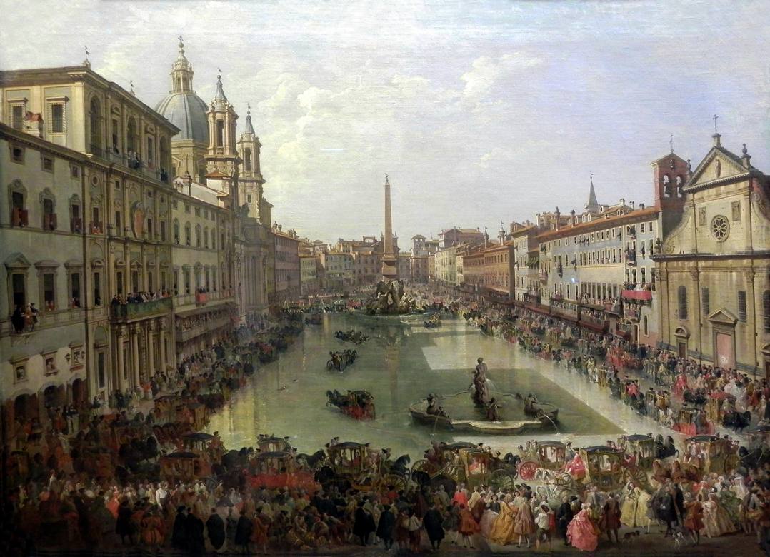 Giovanni Paolo Panini:  [1756] - Piazza Navona in Rome set under water - Oil on canvas - Landesmuseum, Hannover