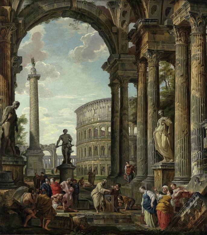 Giovanni Paolo Panini:  [1760-70] - An architectural capriccio with the philosopher Diogenes and other figures by a fountain beneath a portico with the Colosseum, the column of Trajan, Hercules and the Hydra, the Farnese Hercules and Farnese Flora - Oil on canvas - Musée d’Art Classique de Mougins
