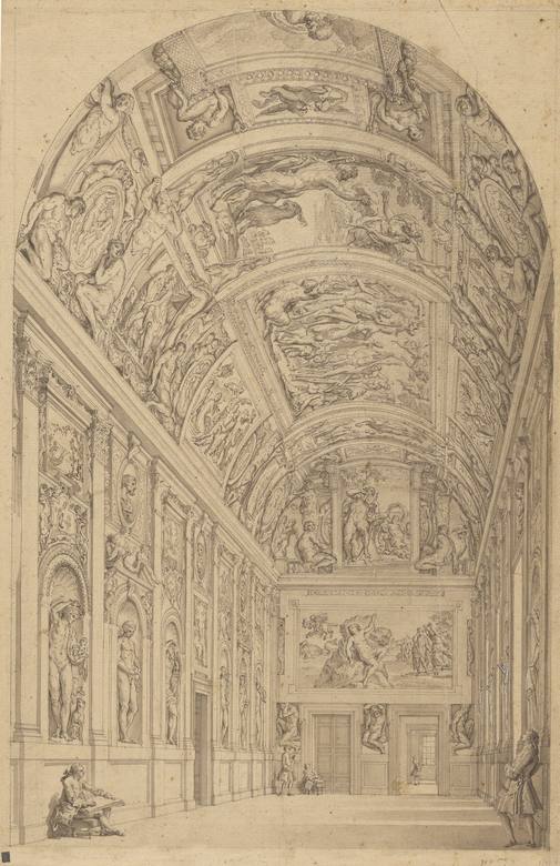 Giovanni Paolo Panini:  [ca. 1775] - View of the Farnese Gallery, Rome - Drawing - Pen and black ink and gray wash over black chalk, with occasional touches of white gouache, some pinholes, - The J. Paul Getty Museum, Los Angeles, CA