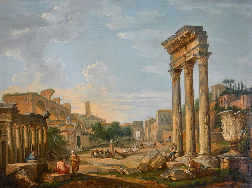 Giovanni Paolo Panini Workshop: A View of the Roman Forum with the Borghese Vase - Oil on canvas
