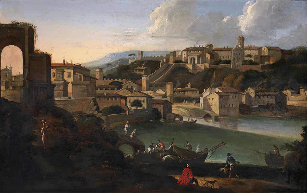 Jacob de Heusch: Veduta di citta' con fiume - Oil on canvas