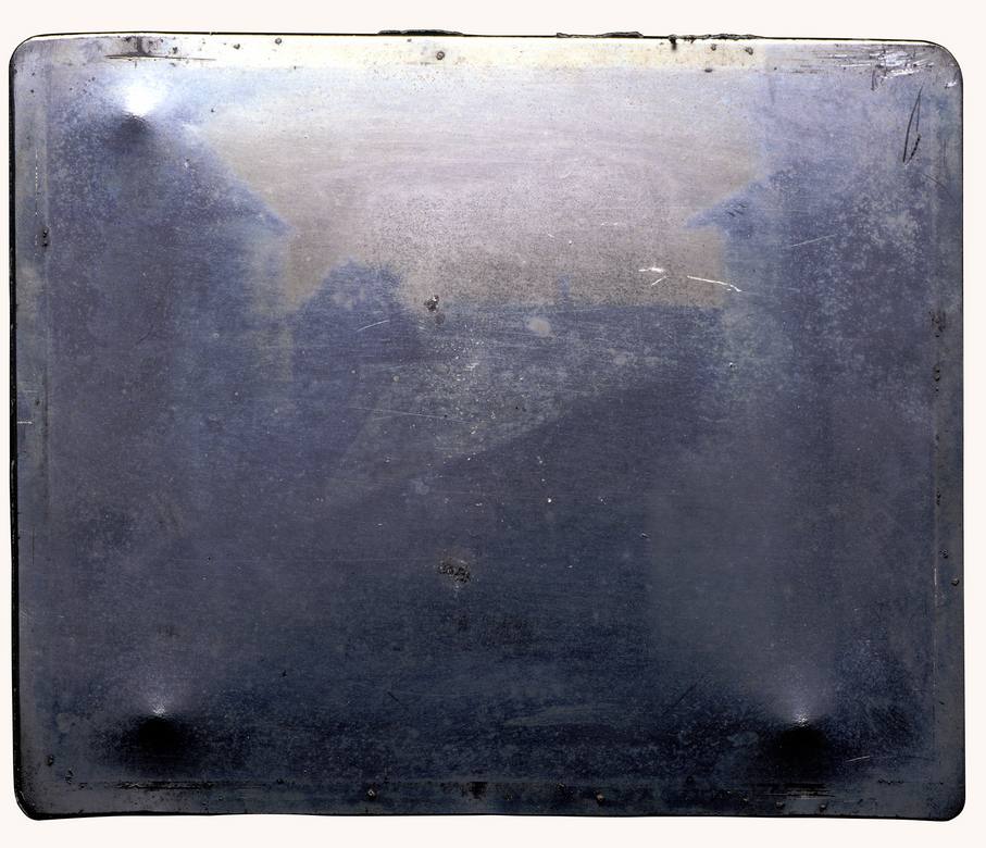 Joseph Nicéphore Niépce:  [1827] - Point de vue du Gras - first successful permanent photograph from nature - original photographic tin plate done with 8 hours exposure - The result was achieved by dissolving bitumen of Judea, a natural tar known since antiquity, in lavender oil, and spread a thin layer of this solution on a polished pewter plate