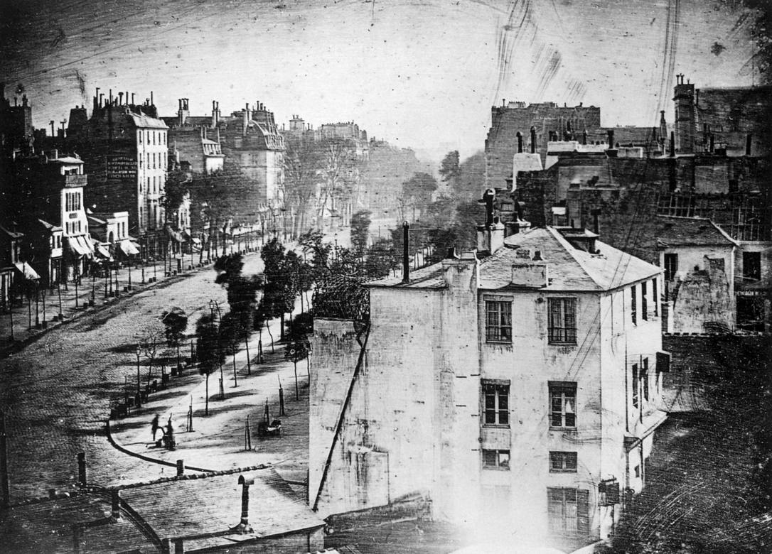 Louis Daguerre:  [1838] - Boulevard du Temple - 12 AM - 10 minutes exposure - Daguerreotype photograph