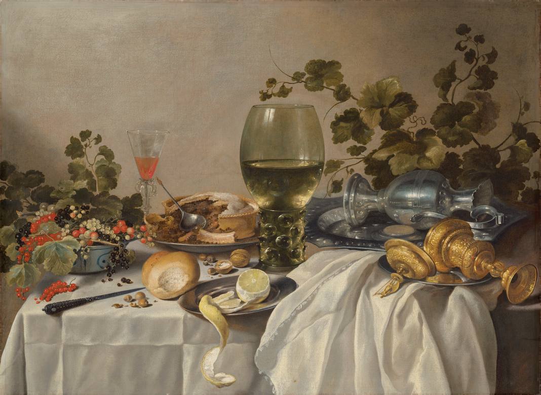 Pieter Claesz:  [1635-39] - Ontbijt of silver and glassware on a draped table - Oil on canvas - Private Collection