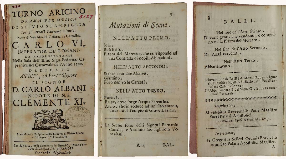  [1720] - Turno Aricino. Drama per musica di Silvio Stampiglia - Da rappresentarsi nella Sala dell'ill.mo Sign. Federico Capranica nel Carnevale dell'Anno 1720.
